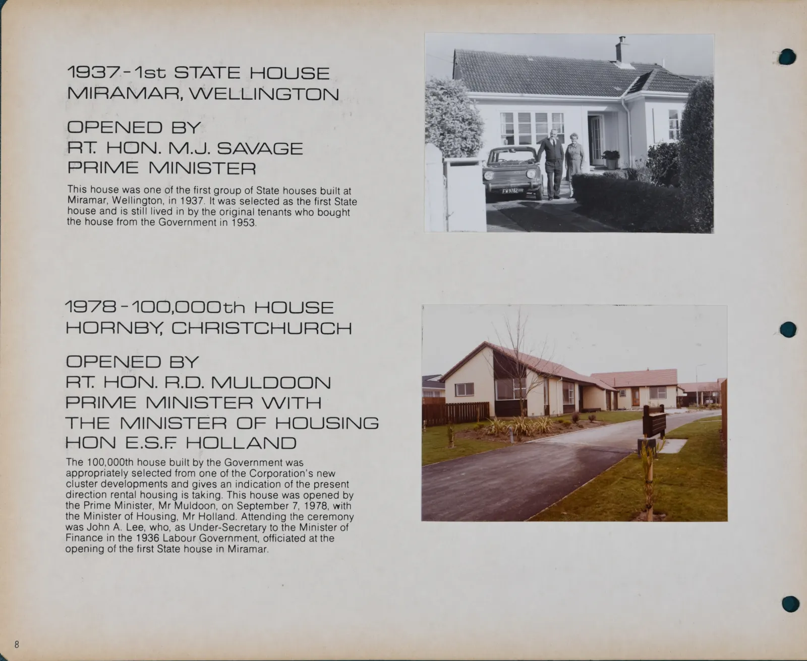 An album page showing the first state house in Miramar and the 100,000th in Hornby.