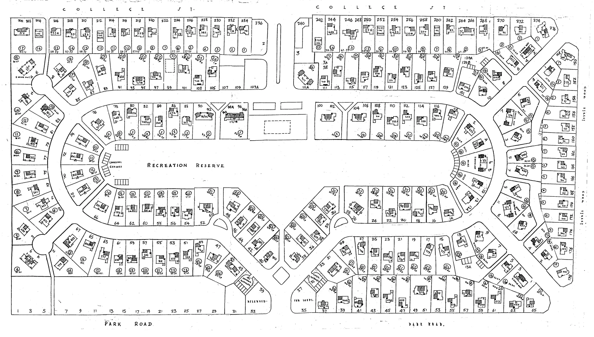 Plan of Savage Crescent in Palmerston North, with homes arranged around a central recreation reserve.