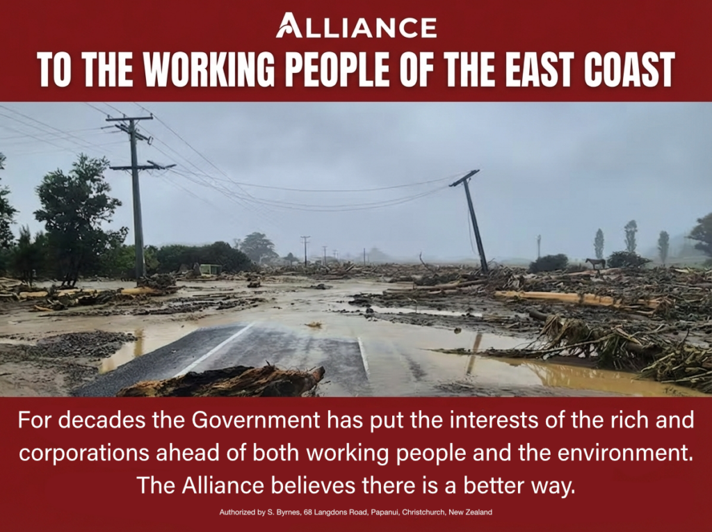 Alliance east coast graphic 2026 Alliance graphic, “To the Working People of the East Coast”, over a flooded road with debris and damaged power poles.