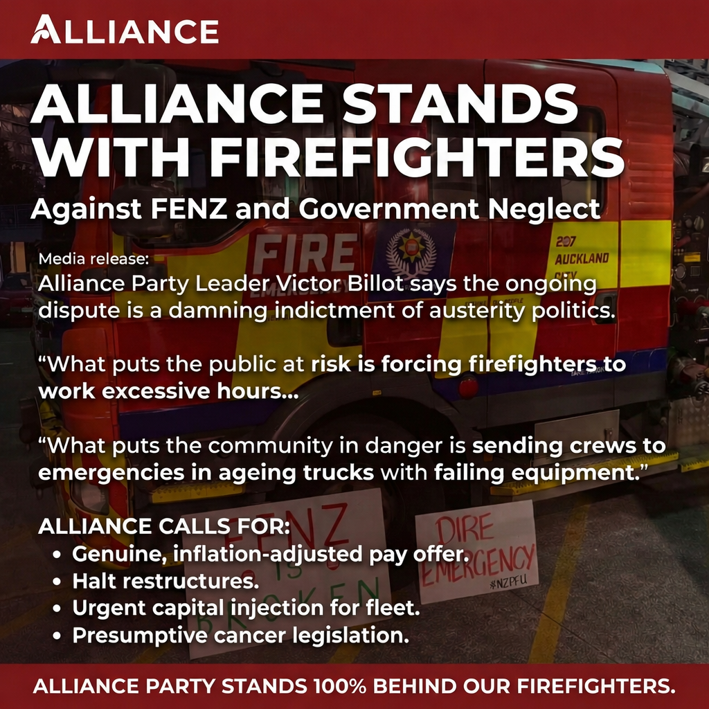 fccecbee-78ea-4971-af8d-ded8d64f3ddc Alliance graphic supporting firefighters against FENZ and Government neglect, over a fire engine and protest signs.