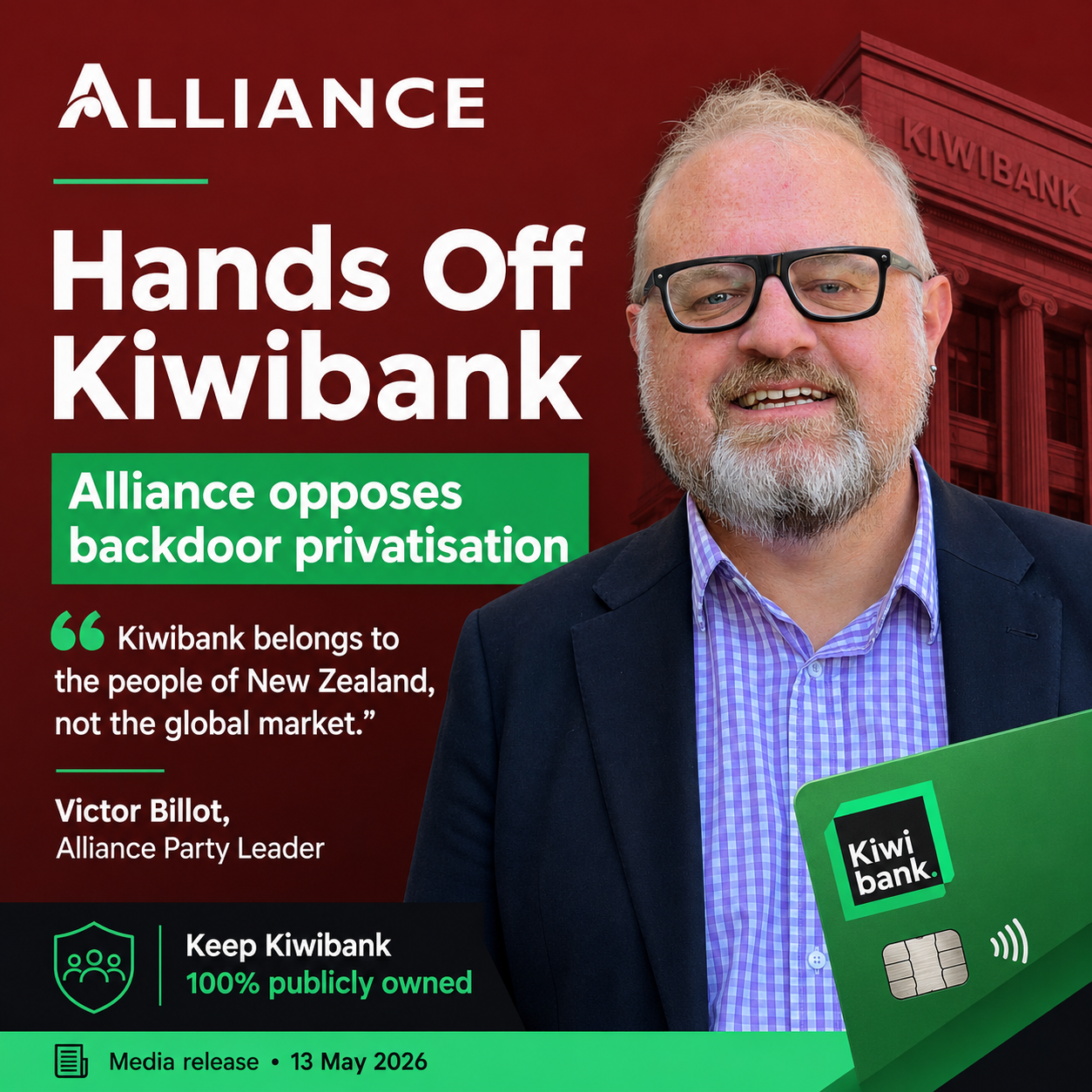 Alliance Kiwibank infographic showing Victor Billot and the message Hands Off Kiwibank