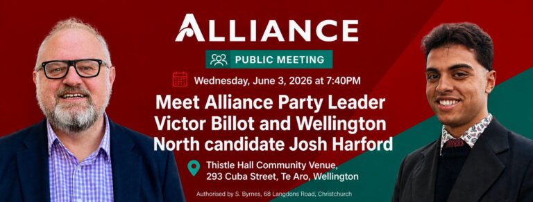 Alliance event graphic for Victor Billot and Josh Harford public meeting in Wellington