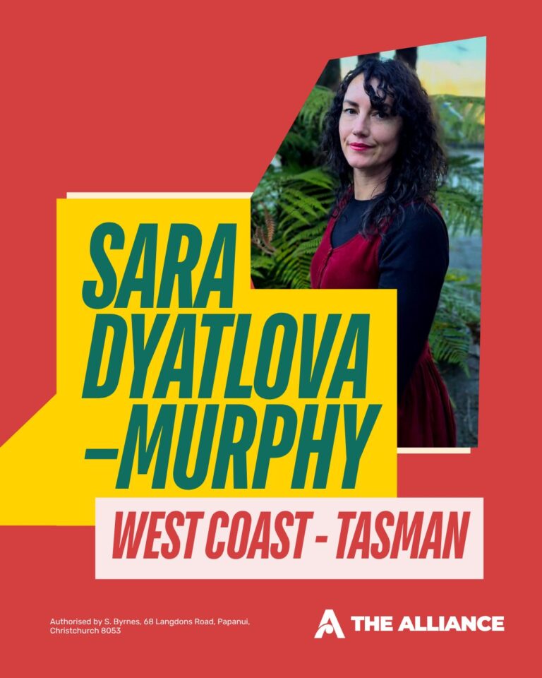 Announcement graphic: Sara Dyatlova–Murphy, Alliance candidate for West Coast-Tasman