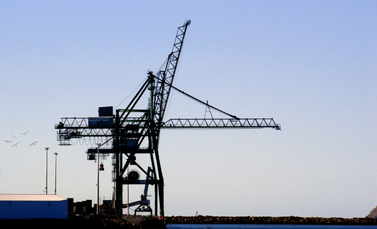 A container crane at Lyttelton port, photographed against the sky.