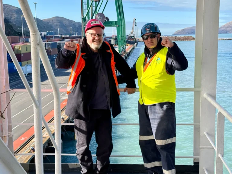 Two people in hard hats and high-visibility clothing raise their fists at a port.