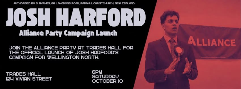 Josh Harford Alliance Party Campaign Launch banner, showing Josh speaking beside an Alliance banner.