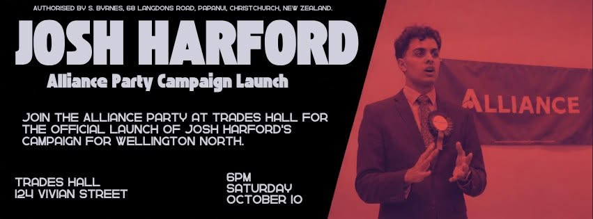 Josh Harford Alliance Party Campaign Launch banner, showing Josh speaking beside an Alliance banner.