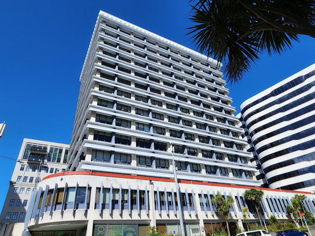 The Reserve Bank of New Zealand building in Wellington, photographed from street level.